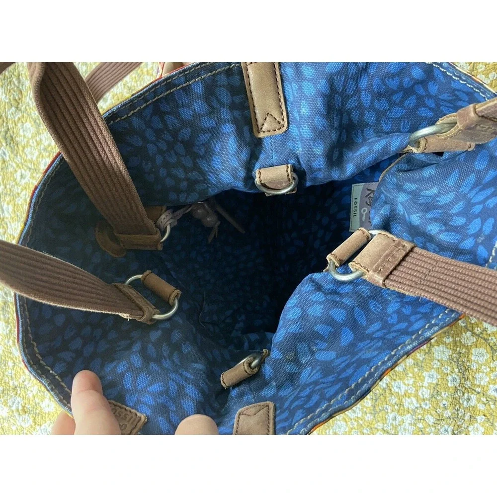 Fossil Key-Per Magnetic Closure Chevron‎ Striped Costed Canvas Tote Bag Purse